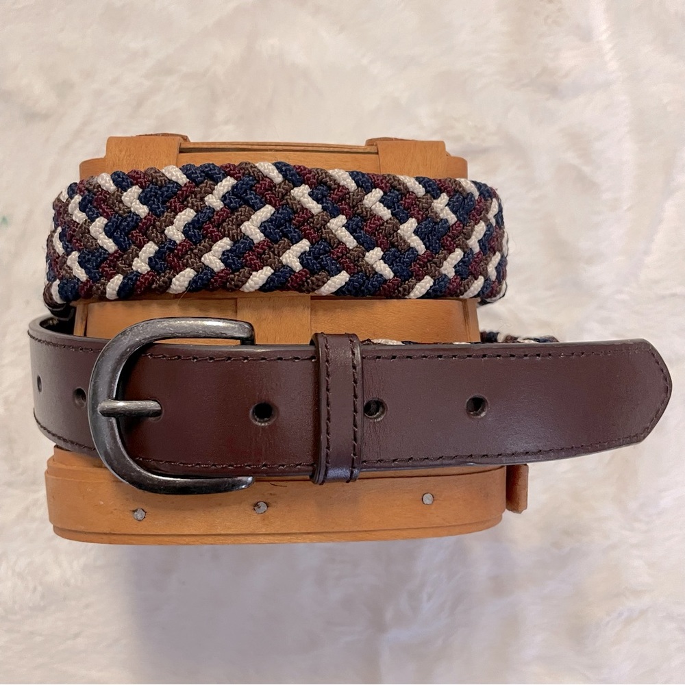 Woven stretch blue maroon brown cream belt with leather tabs, gunmetal buckle, L